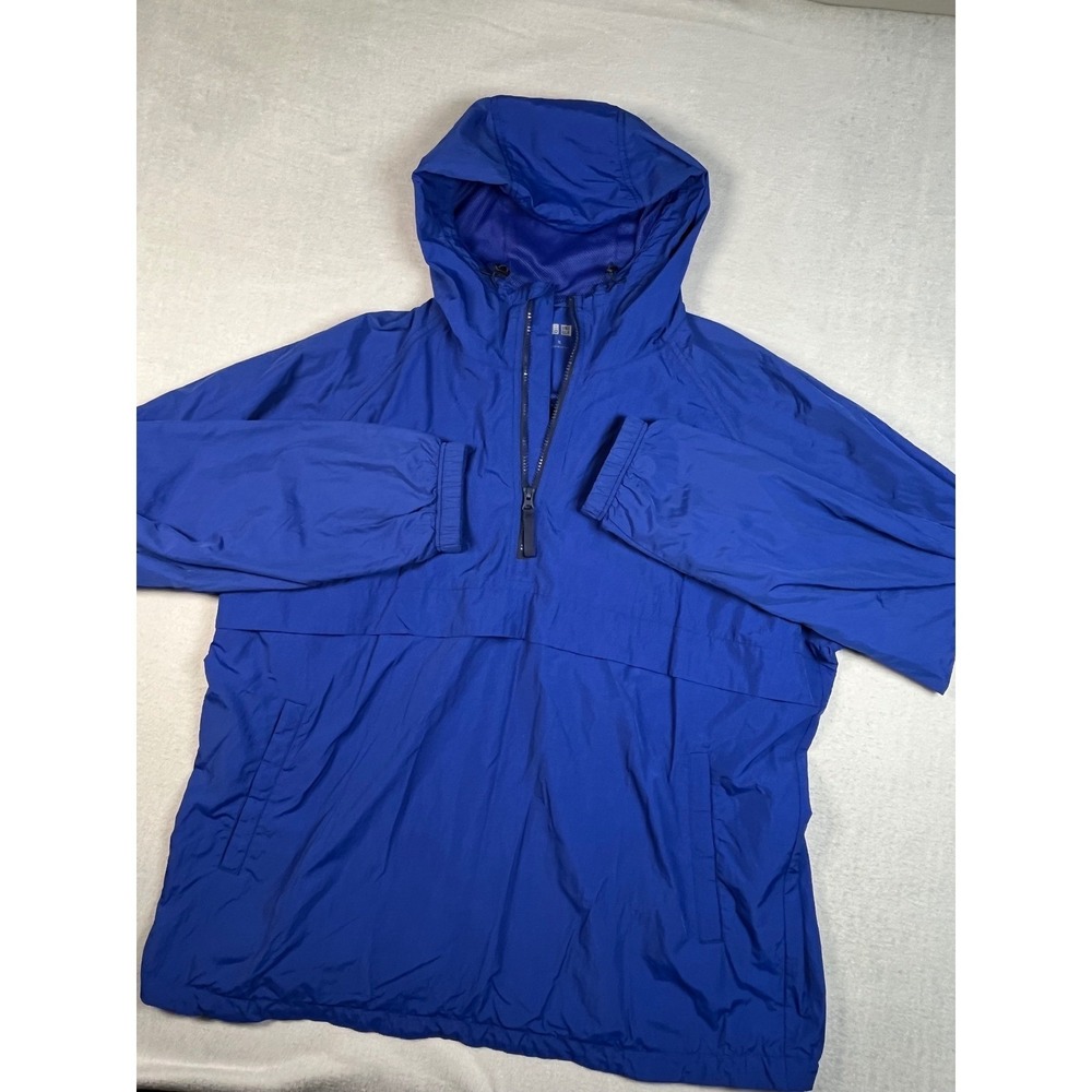 Uniqlo Anorak Hooded Jacket Men XL Blue Boxy 1/4 Zip Pullover Poly Lined Vented